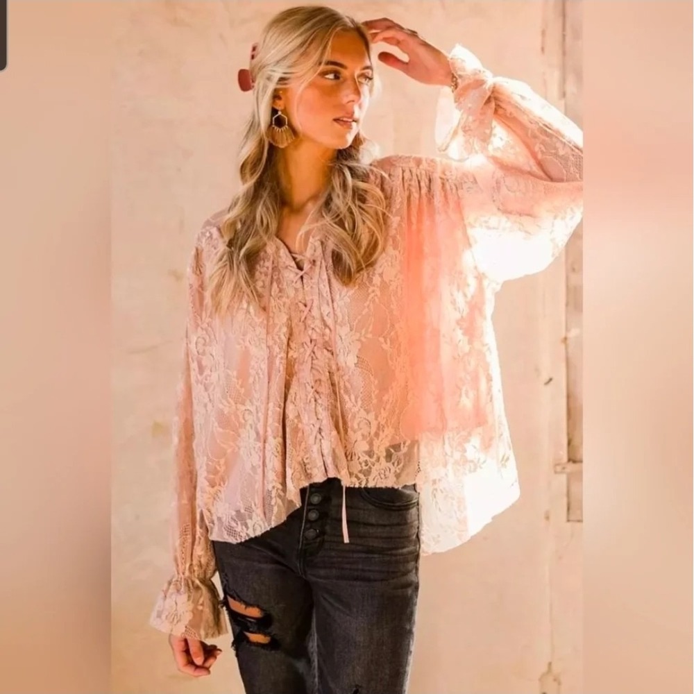 Gimmicks Boho Pink Lace Long Sleeve Top Fairy Cottagecore Women's Xl Whimsy Chic